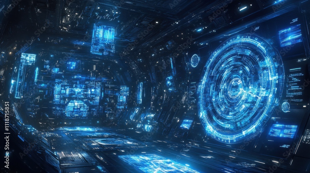 Poster a futuristic digital interface within a high-tech environment filled with blue light.