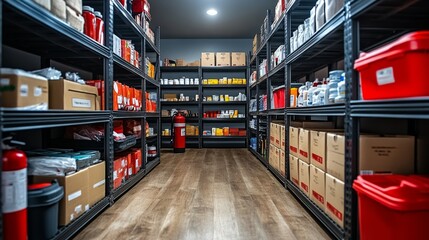 An organized storage area displays shelves stocked with various supplies, including containers and safety equipment. The layout promotes efficiency for easy access.