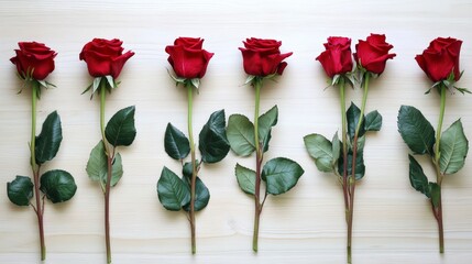 eight red roses arranged in a row on white background