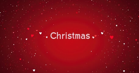 christmas text on red background with falling snow hearts
