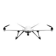 A modern drone viewed from the front, showcasing its sleek design. Element isolated on transparent background.