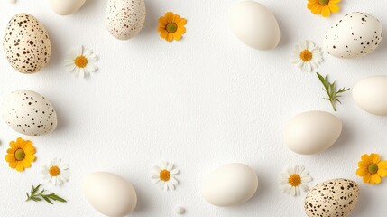 Fresh and Decorative Eggs Surrounded by Flowers on a White Background