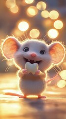 Happy cartoon mouse holding a heart against a blurred bokeh background