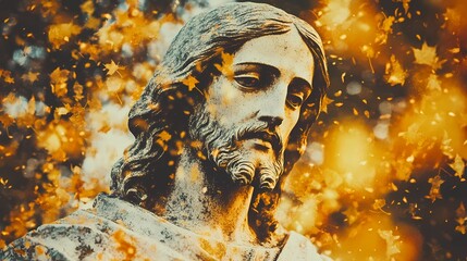 A peaceful Jesus statue in a mystical landscape, radiating calmness and spiritual energy through an ethereal and sacred design.