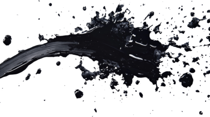 A dynamic splash of black liquid isolated on a transparent background, ideal for creative designs or artistic projects.