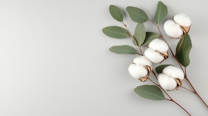 Elegant Cotton Branch with Lush Green Leaves on Neutral Background