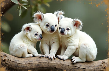 Obraz premium Family of albino koalas on a green background in a vintage frame.