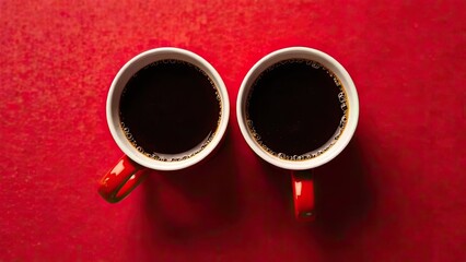 Two red mugs of coffee on a red background, top view