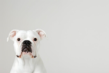 Obraz premium animal portrait, picture a bulldog in a studio with its distinctive underbite, seen from the front perspective against a white background