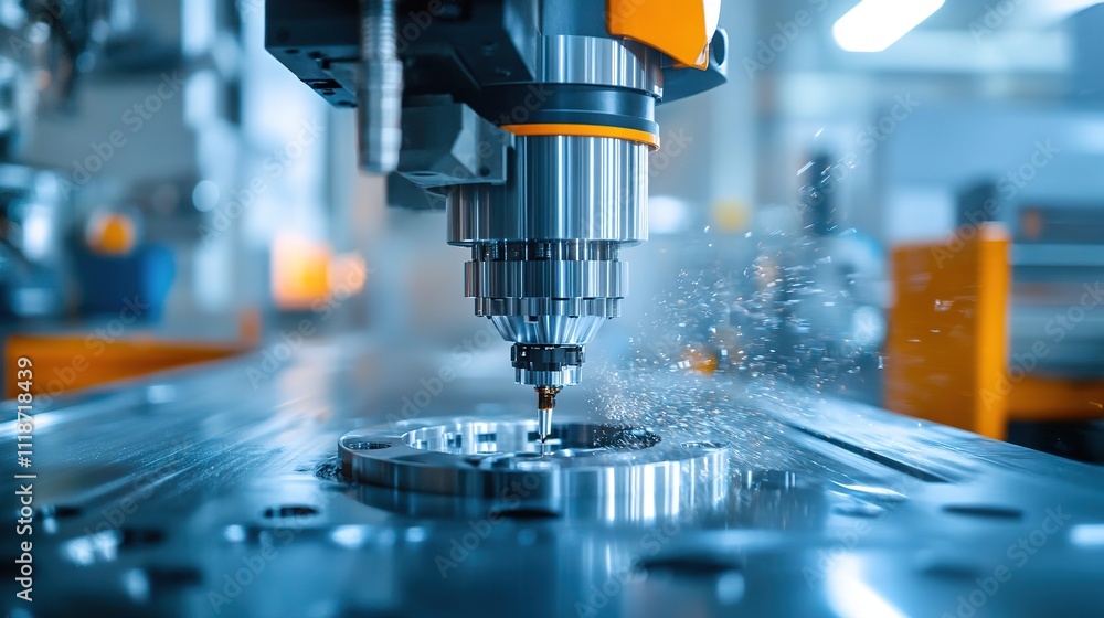 Poster a clean and efficient industrial machine creating parts with precision.