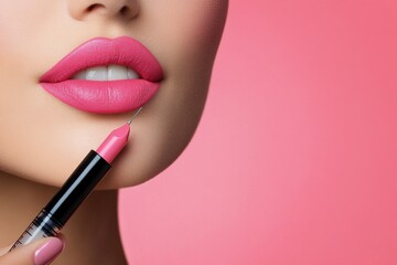 Obraz premium Enhancing lips with cosmetic procedure and vibrant pink background during daylight hours