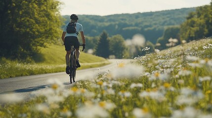 Cyclist rides road bike on sunny countryside road, surrounded by wildflowers.
