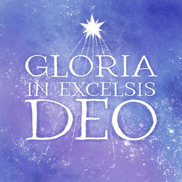 Gloria in excelsis Deo. Kartka Świąteczna. Boże Narodzenie. Gwiazda Betlejemska na tle rozgwieżdżonego nieba. 
