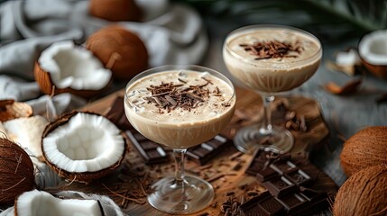 Delicious bounty cocktail made with coconut milk and chocolate served in elegant glasses
