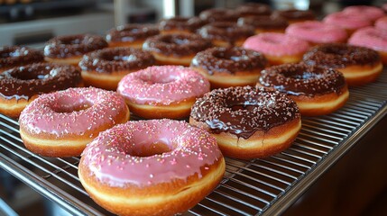 Colorful donuts with chocolate and pink frosting sit on a cooling rack in a bakery. The freshly made treats are ready for customers to enjoy. - Powered by Adobe