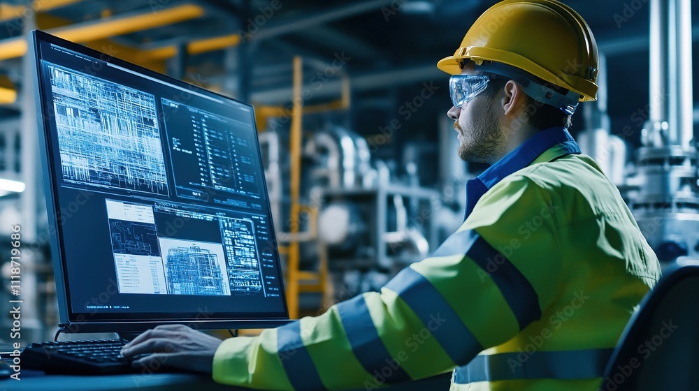 Poster an engineer using software to monitor and control factory equipment remotely.