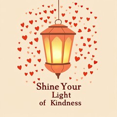 A minimalist poster featuring a glowing lantern releasing tiny illustrated hearts into the sky, with the text "Shine Your Light of Kindness" in bold typography and warm pastel tones.