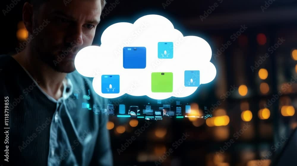 Poster individual working on laptop with holographic cloud service and device synchronization