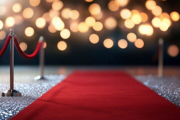 Elegant red carpet entrance with sparkling lights for a grand event celebration at night