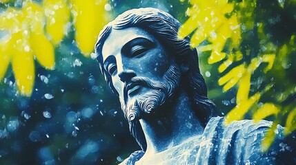 A serene Jesus statue portrayed in a mystical setting, surrounded by light and peaceful natural elements, symbolizing spirituality.