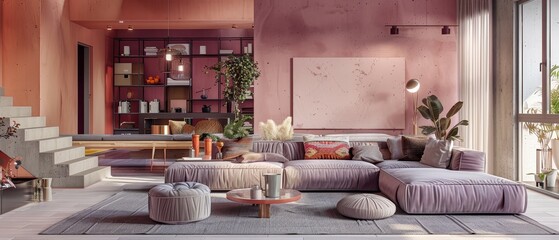 Open concept living area blends modern design with cozy textures and vibrant plants.