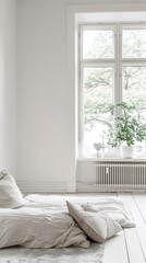 Sun-drenched bedroom in white, offering a refreshing view of nature through large windows.