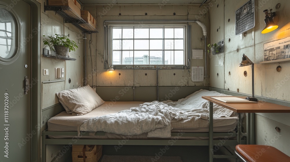 Aufkleber A compact bedroom features soft bedding, a desk, and a window allowing natural light. Decor includes plants and shelving, creating a serene space ideal for rest and productivity.