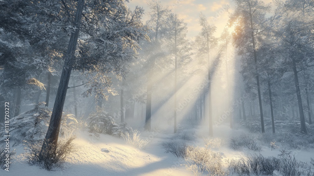 Poster brilliant rays of sunlight pierce through a tranquil winter forest, casting enchanting patterns on t