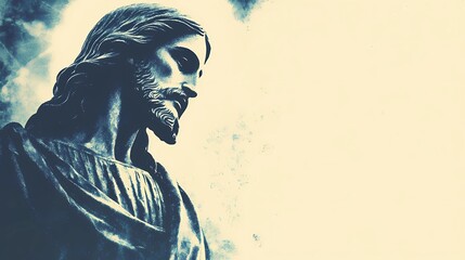 Fototapeta premium A serene Jesus statue portrayed in a mystical setting, surrounded by light and peaceful natural elements, symbolizing spirituality.