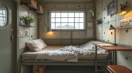 A compact bedroom features soft bedding, a desk, and a window allowing natural light. Decor includes plants and shelving, creating a serene space ideal for rest and productivity.
