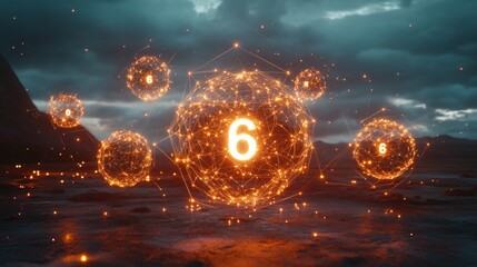 Glowing network spheres with digit six against cloudy sky in futuristic landscape
