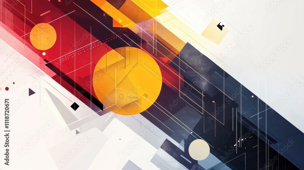 Poster abstract geometric composition with vibrant colors and shapes creating a dynamic visual impact.