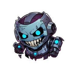 Fierce Robotic Chibi Character with Glowing Blue Eyes and Sharp Teeth