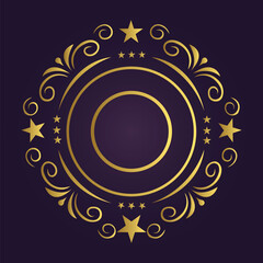 Ornate circular design with golden swirls and stars on dark purple background conveying elegance and luxury
