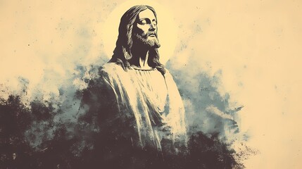 A serene Jesus statue portrayed in a mystical setting, surrounded by light and peaceful natural elements, symbolizing spirituality.