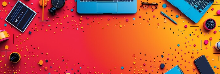 Vibrant business clipart theme colorful illustrations of office items like pens laptops and documents ideal for dynamic presentations