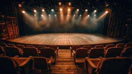 Empty theater stage with wooden floor and rows of seats, lit by spotlights.