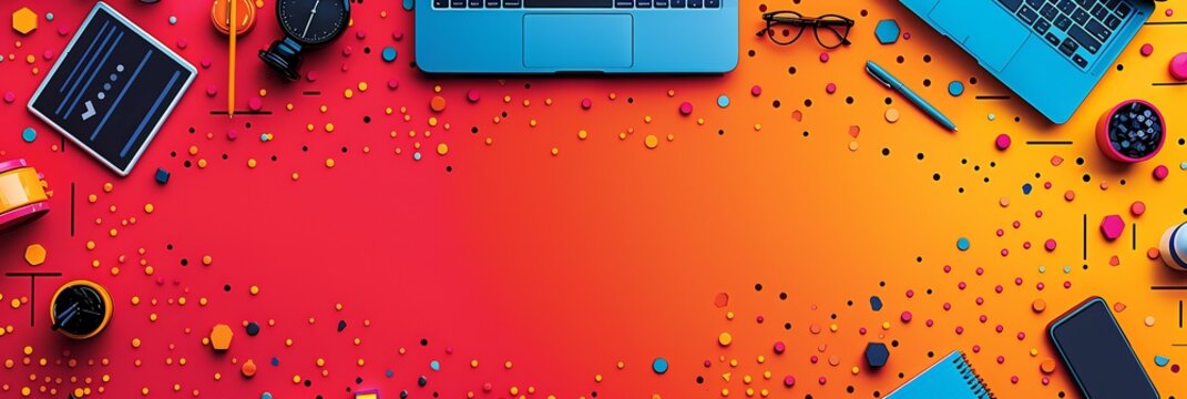 Vibrant business clipart theme colorful illustrations of office items like pens laptops and documents ideal for dynamic presentations