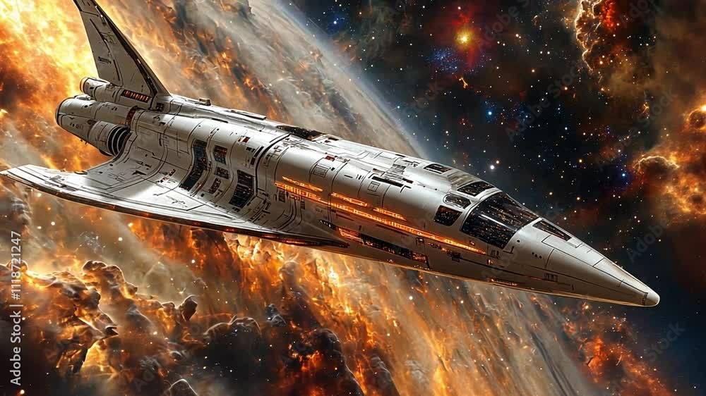 Poster spaceship navigating through vibrant cosmic clouds in a distant galaxy at high resolution