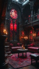 Gothic interior with red stained glass and candlelit ambiance