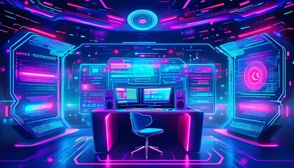 Futuristic Studio Neon Lights Cyberpunk Workspace