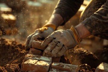 construction  Close up of industrial bricklayer installing bricks on construction site