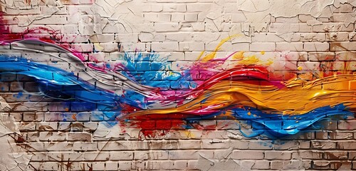 Abstract art concept with dynamic spray paint strokes on textured brick wall, enhancing creative environments