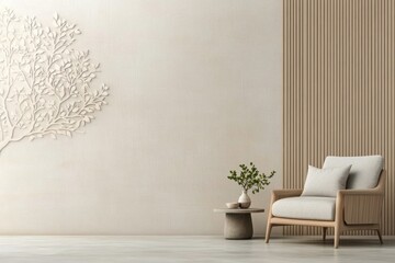 Bright and minimalistic interior design featuring a cozy seating area with natural elements