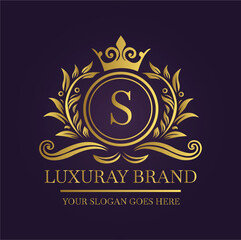 Luxurious Gold Emblem Logo with Ornate Floral Motifs and Crown