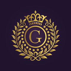 Luxurious Gold Emblem with Letter G, Crown, and Leaf Wreath