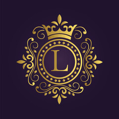 Ornate Gold Emblem with Crown, Flourishes, and 'L' on Purple Background