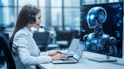 A female customer service representative is working alongside a robot, both using laptops and wearing headsets.