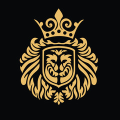 Fototapeta premium LuxGolden Lion Emblem with Crown in Shield Design on Black Background