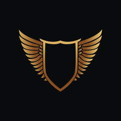 Luxury Elegant Gold Shield Emblem with Intricate Wings on Black Background